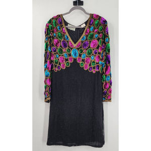 Vintage Long Sleeve Silk Beaded Sequin Evening New Years‎ Holiday Dress Size 1X